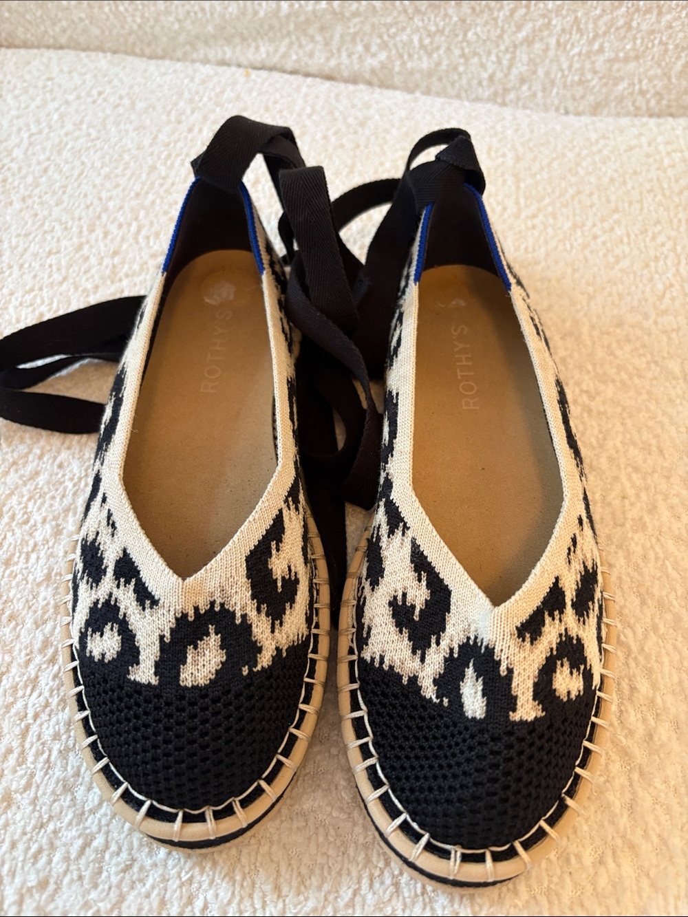 Rothy's Black & Cream Leopard Knit Espadrille Wrap Flats